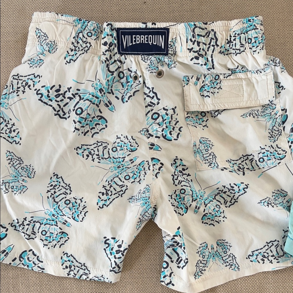 Vilebrequin White Swim Shorts with Aqua and Black Butterfly Motif